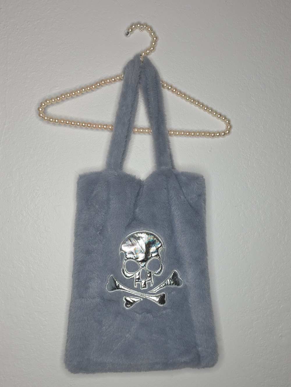 Grey Faux Fur Tote Bag with Silver Skull Detail